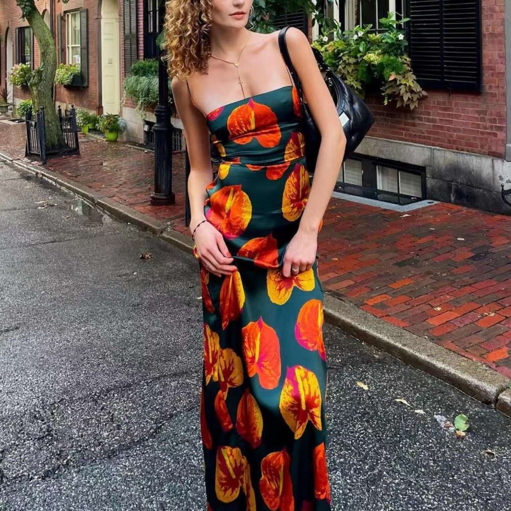 NWT Reformation Frankie Silk Maxi Dress Sz0/4/6 Daiquiri Orange Forest Green - Picture 2 of 12